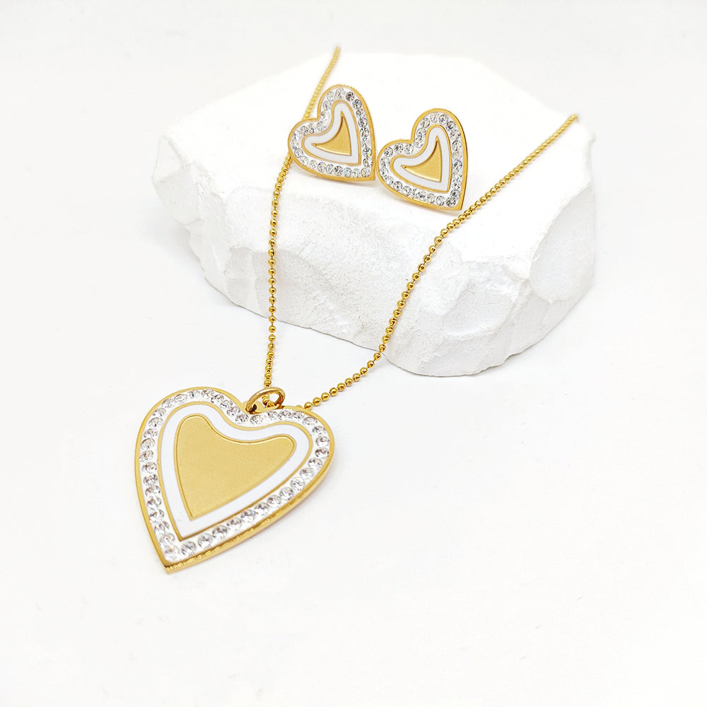 Stainless Steel 18K Gold Plated Casual Romantic Heart Shape Key Inlay Zircon Earrings Necklace