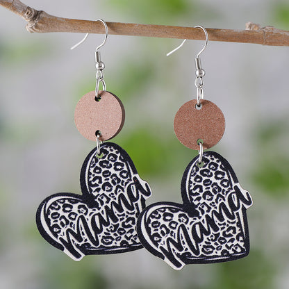 1 Pair Retro Letter Heart Shape Wood Drop Earrings