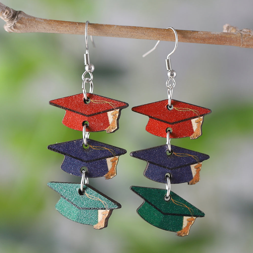 1 Pair Retro Doctoral Cap Wood Drop Earrings