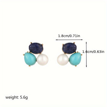 1 Pair Retro Pastoral Flower Inlay Copper Freshwater Pearl Turquoise Lapis Lazuli 18K Gold Plated Ear Studs