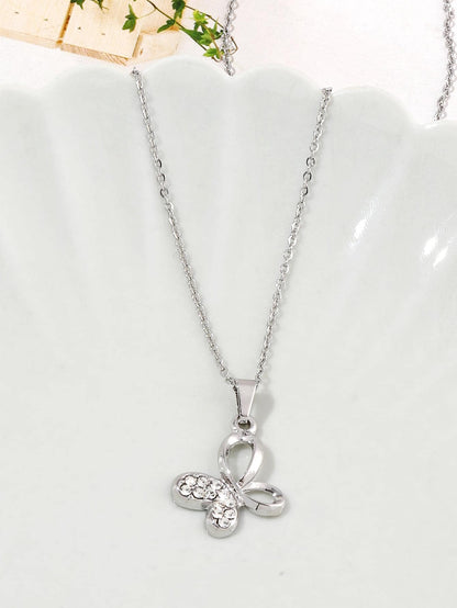 Stainless Steel Silver Plated Simple Style Shiny Butterfly Inlay Zircon Pendant Necklace