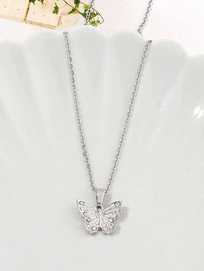 Stainless Steel Silver Plated Simple Style Shiny Butterfly Inlay Zircon Pendant Necklace