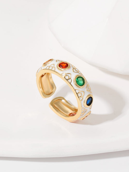 Wholesale Classical Retro Geometric Copper Enamel Inlay 18K Gold Plated Zircon Open Rings