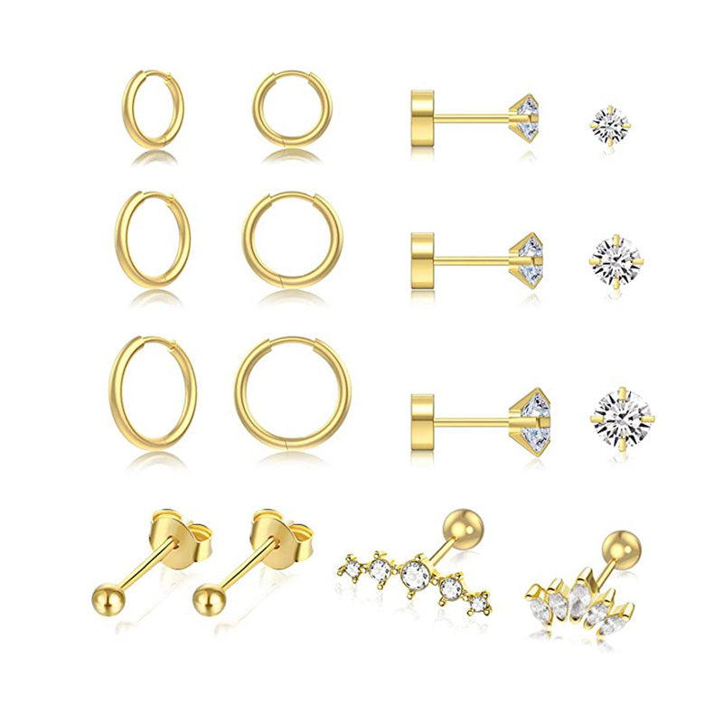 16 Pieces Simple Style Geometric Inlay Stainless Steel Copper Zircon 14K Gold Plated Ear Studs