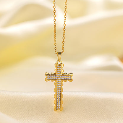 Titanium Steel 18K Gold Plated Vintage Style Vacation Cross Polishing Inlay Artificial Rhinestones Pendant Necklace