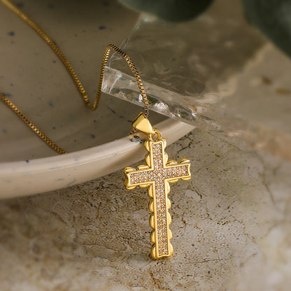 Copper 18K Gold Plated Basic Cross Inlay Zircon Pendant Necklace