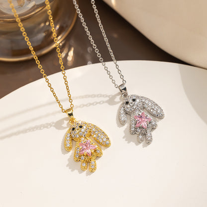 Stainless Steel 18K Gold Plated Cute Rabbit Inlay Zircon Pendant Necklace