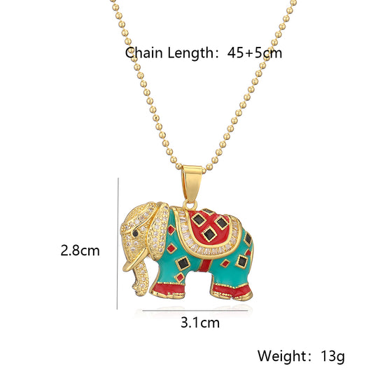 Copper 18K Gold Plated Retro Elephant Enamel Inlay Zircon Pendant Necklace