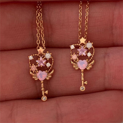 Copper Streetwear Heart Shape Wings Key Plating Inlay Zircon Pendant Necklace
