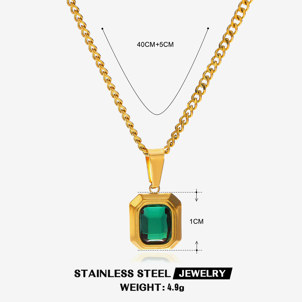 Classic Style Square Stainless Steel Titanium Steel Plating Inlay Artificial Gemstones 18k Gold Plated Pendant Necklace