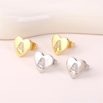 1 Pair Simple Style Letter Heart Shape Inlay Copper Rhinestones 18K Gold Plated White Gold Plated Ear Studs