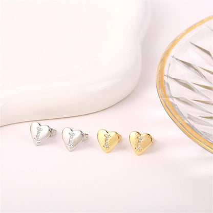 1 Pair Simple Style Letter Heart Shape Inlay Copper Rhinestones 18K Gold Plated White Gold Plated Ear Studs