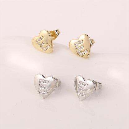 1 Pair Simple Style Letter Heart Shape Inlay Copper Rhinestones 18K Gold Plated White Gold Plated Ear Studs