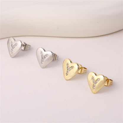 1 Pair Simple Style Letter Heart Shape Inlay Copper Rhinestones 18K Gold Plated White Gold Plated Ear Studs