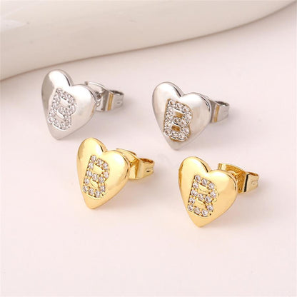 1 Pair Simple Style Letter Heart Shape Inlay Copper Rhinestones 18K Gold Plated White Gold Plated Ear Studs