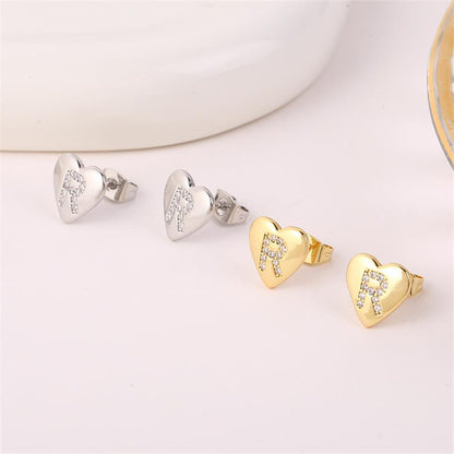 1 Pair Simple Style Letter Heart Shape Inlay Copper Rhinestones 18K Gold Plated White Gold Plated Ear Studs