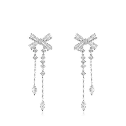 1 Pair Elegant Sweet Water Droplets Bow Knot Tassel Copper Zircon Drop Earrings