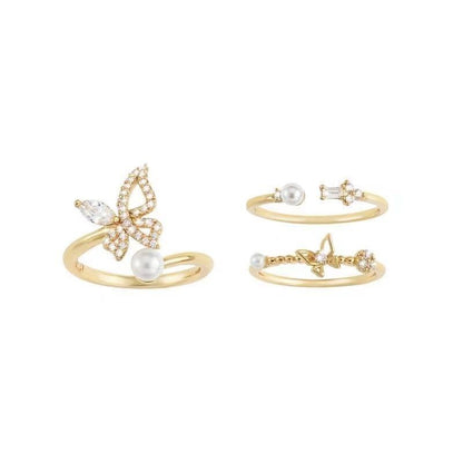 Wholesale Elegant Simple Style Butterfly Copper Plating Inlay Artificial Pearls Rhinestones Open Rings