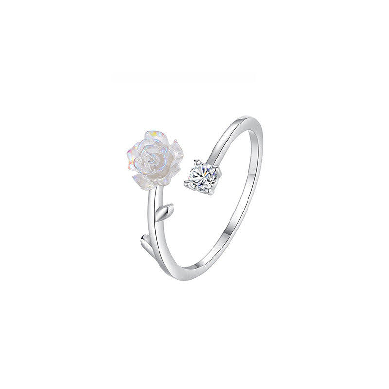 Sterling Silver Romantic Flower Polishing Inlay Zircon Adjustable Ring