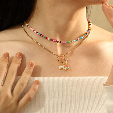 Copper 18K Gold Plated Sweet Heart Shape Beaded Inlay Zircon Layered Necklaces