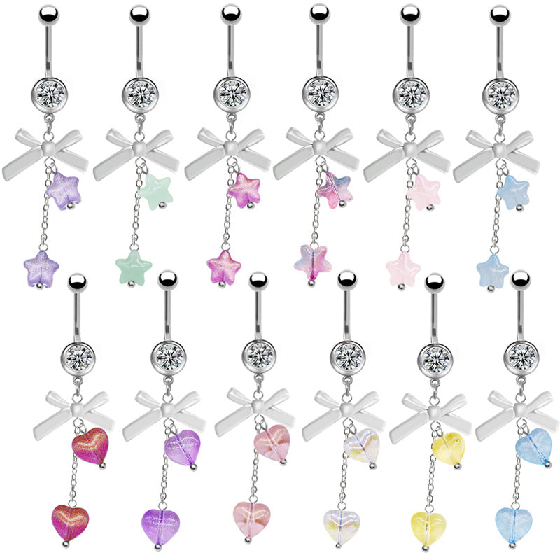 1 Piece Belly Rings Simple Style Star Heart Shape Bow Knot Stainless Steel Arylic Resin Glass White Gold Plated Belly Ring