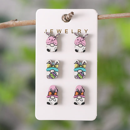 3 Pairs Cute Cartoon Character Wood Ear Studs