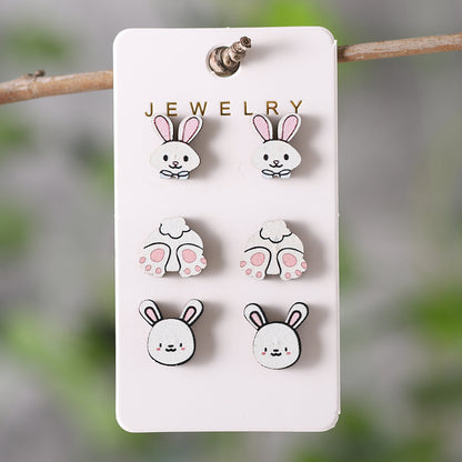 3 Pairs Cute Cartoon Character Wood Ear Studs