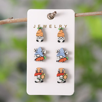 3 Pairs Cute Cartoon Character Wood Ear Studs