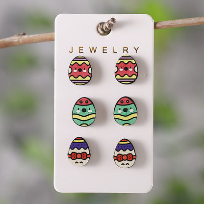 3 Pairs Cute Cartoon Character Wood Ear Studs