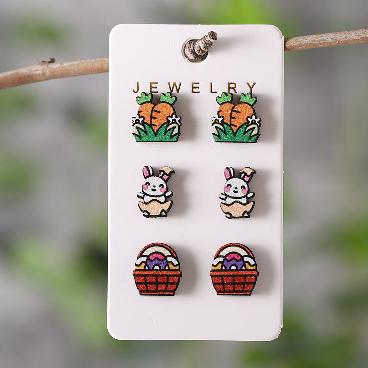 3 Pairs Cute Cartoon Character Wood Ear Studs