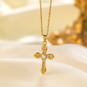 Titanium Steel 18K Gold Plated Vintage Style Vacation Cross Polishing Inlay Artificial Rhinestones Pendant Necklace