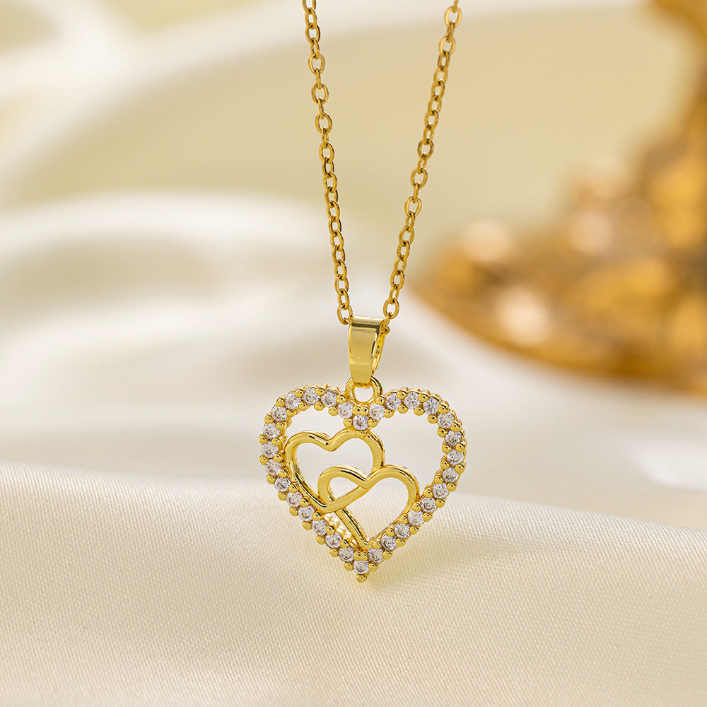 Titanium Steel 18K Gold Plated Elegant Simple Style Heart Shape Inlay Artificial Rhinestones Pendant Necklace