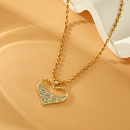 Stainless Steel Copper 18K Gold Plated Sweet Heart Shape Inlay Zircon Pendant Necklace