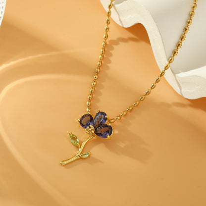 Stainless Steel Copper 18K Gold Plated Sweet Flower Inlay Zircon Pendant Necklace