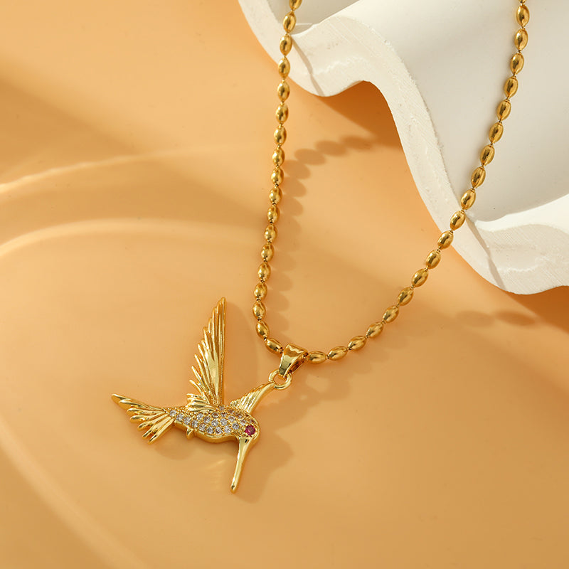 Stainless Steel Copper 18K Gold Plated Simple Style Bird Inlay Zircon Pendant Necklace