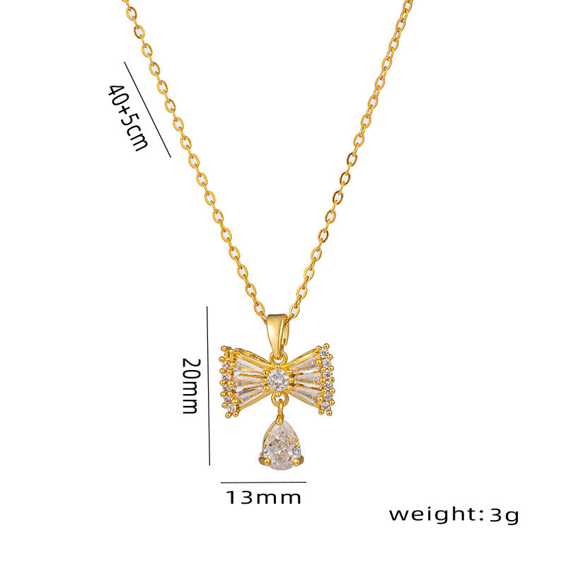 Titanium Steel IG Style Shiny Water Droplets Bow Knot Plating Inlay Zircon Pendant Necklace