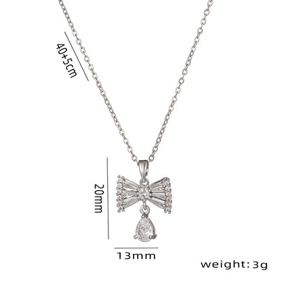 Titanium Steel IG Style Shiny Water Droplets Bow Knot Plating Inlay Zircon Pendant Necklace