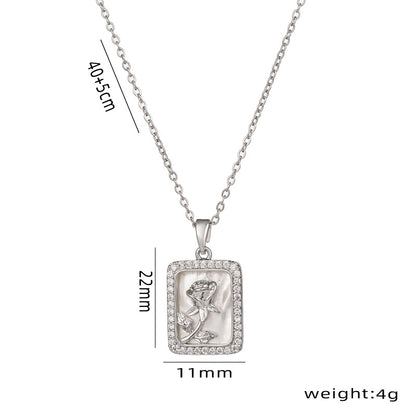 Titanium Steel Simple Style Rose Rectangle Plating Inlay Shell Zircon Pendant Necklace