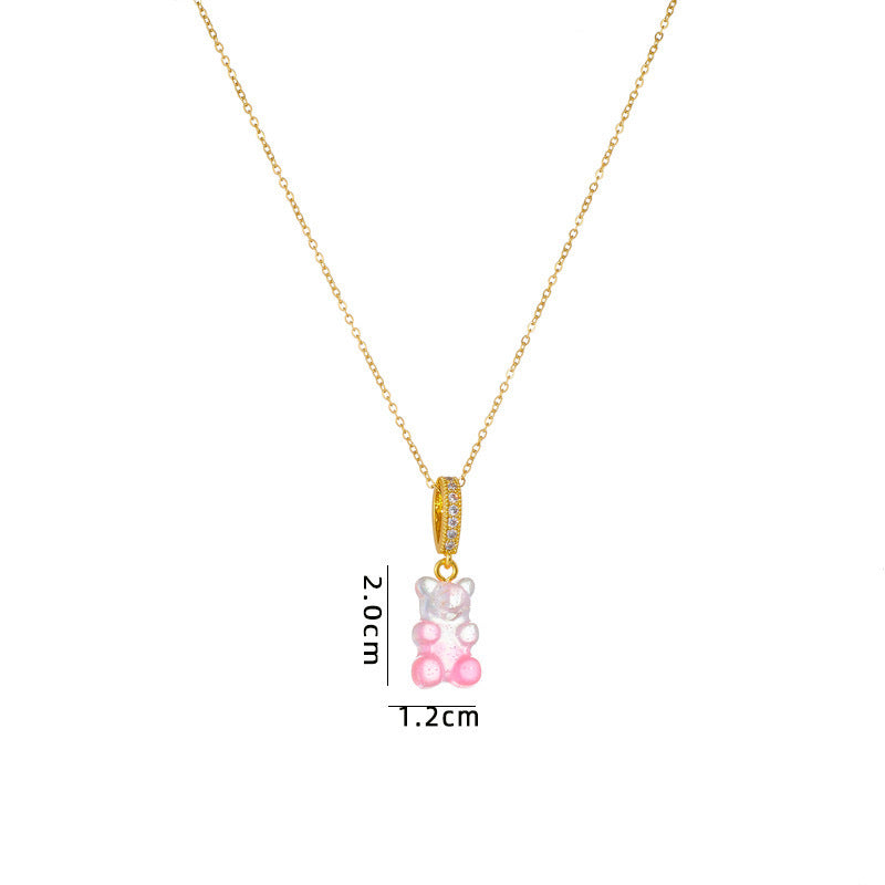 Cute Bear Resin Titanium Steel Inlay Zircon Women's Pendant Necklace