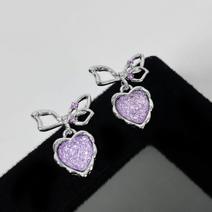 1 Pair Elegant Heart Shape Bow Knot Alloy Drop Earrings