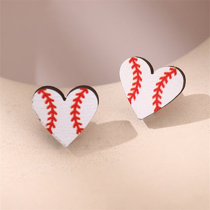 1 Pair Simple Style Rugby Heart Shape Football Wood Ear Studs