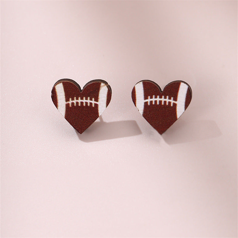 1 Pair Simple Style Rugby Heart Shape Football Wood Ear Studs