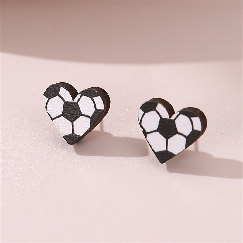 1 Pair Simple Style Rugby Heart Shape Football Wood Ear Studs