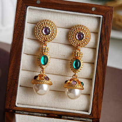 1 Pair Retro Round Inlay Copper Pearl Zircon 18K Gold Plated Drop Earrings