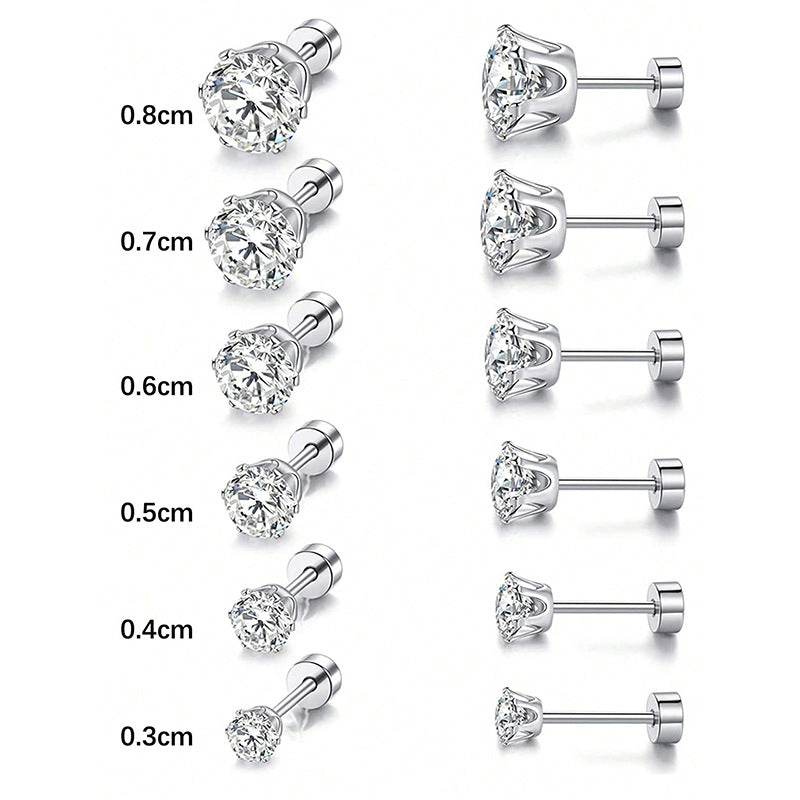 6 Pairs Casual Elegant Round Inlay Stainless Steel Zircon Gold Plated Ear Studs