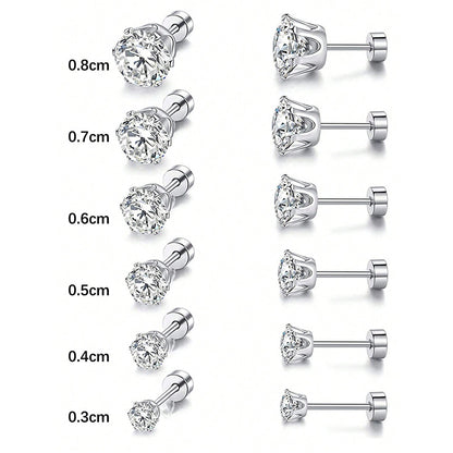 6 Pairs Casual Elegant Round Inlay Stainless Steel Zircon Gold Plated Ear Studs