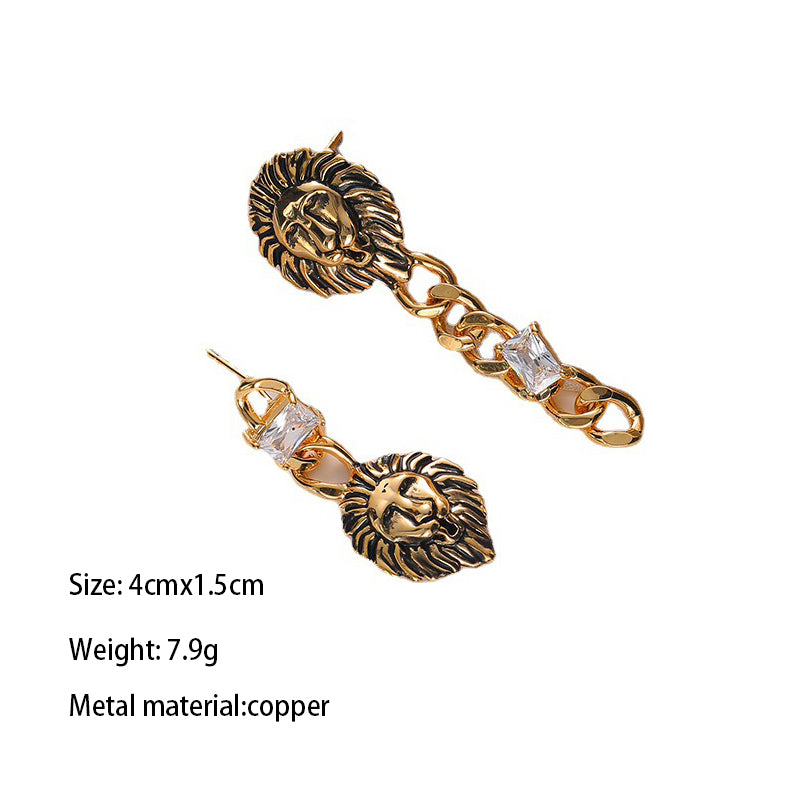 1 Pair IG Style Hip-Hop Vintage Style Lion Asymmetrical Inlay Copper Zircon 18K Gold Plated Drop Earrings