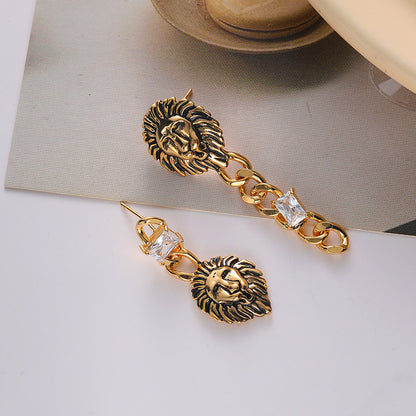 1 Pair IG Style Hip-Hop Vintage Style Lion Asymmetrical Inlay Copper Zircon 18K Gold Plated Drop Earrings