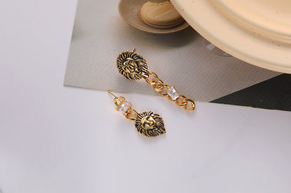 1 Pair IG Style Hip-Hop Vintage Style Lion Asymmetrical Inlay Copper Zircon 18K Gold Plated Drop Earrings