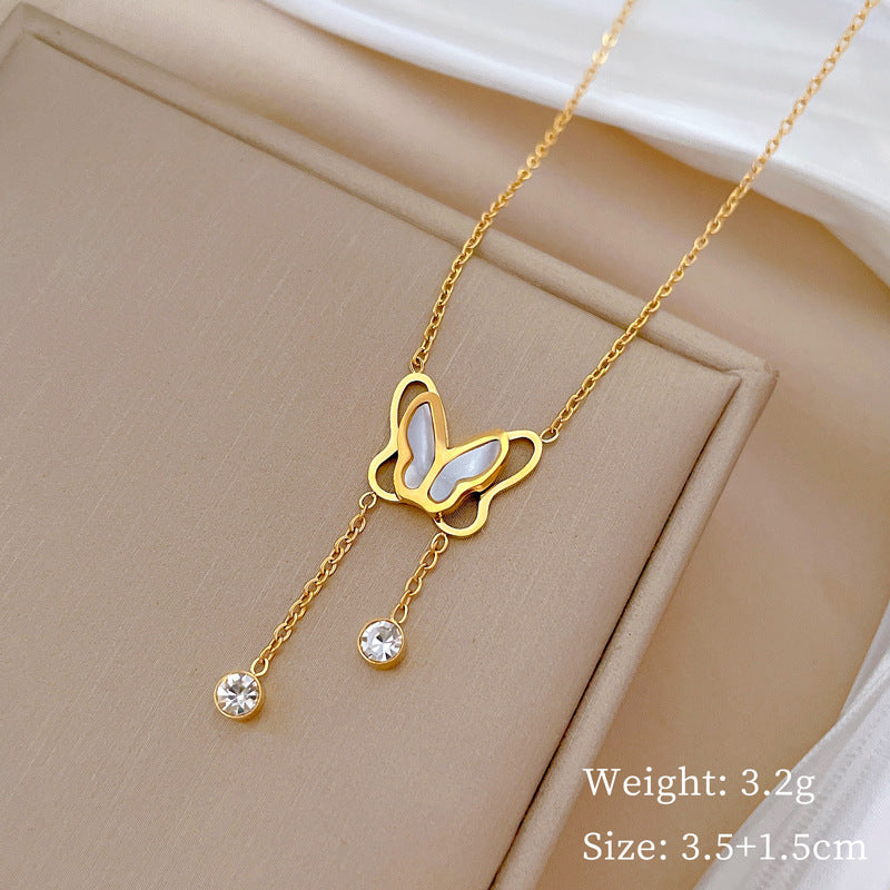 Titanium Steel IG Style Sweet Butterfly Plating Inlay Shell Zircon Necklace